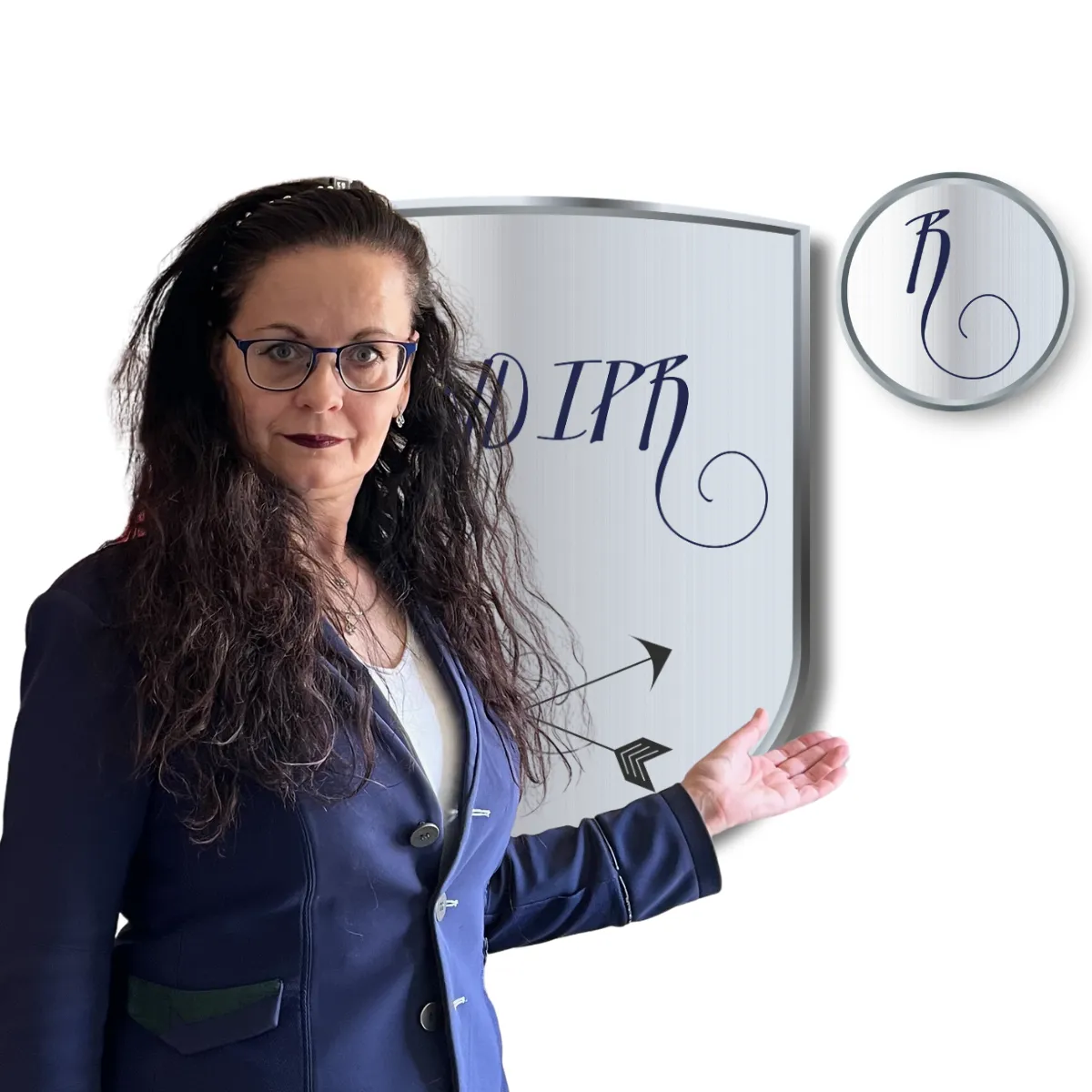 Céleste holding her hand toward the registration symbol behind her