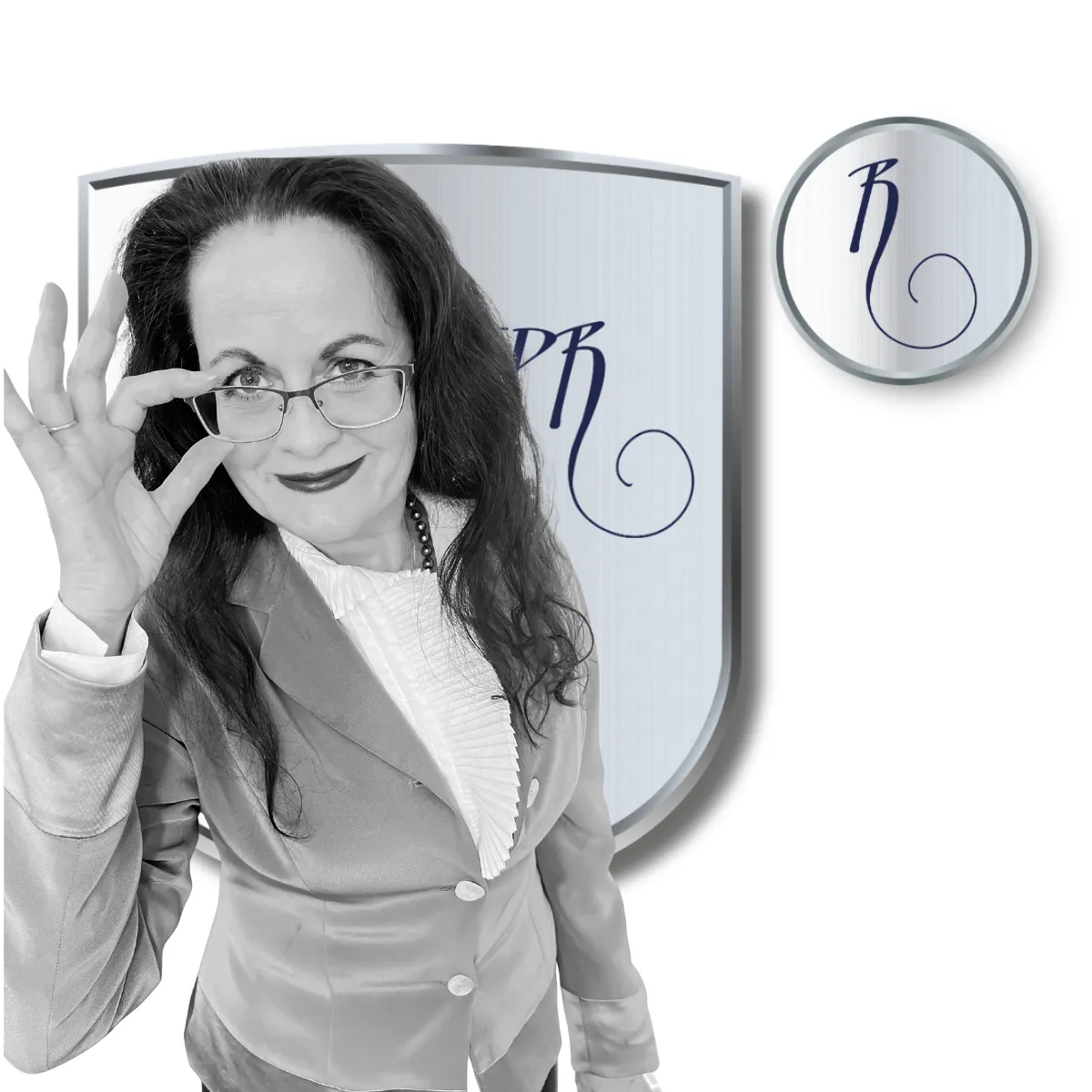 Céleste holding her hand toward the registration symbol behind her