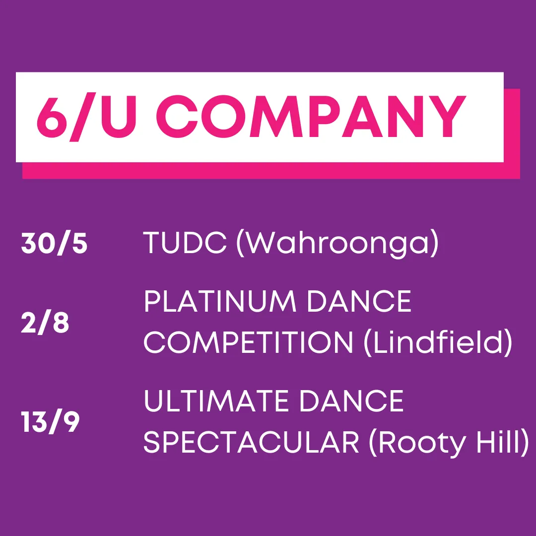 6/U Company eisteddfod dates infographic for Footloose Performance Studios Hornsby, outlining competition schedule for junior kids dance classes.