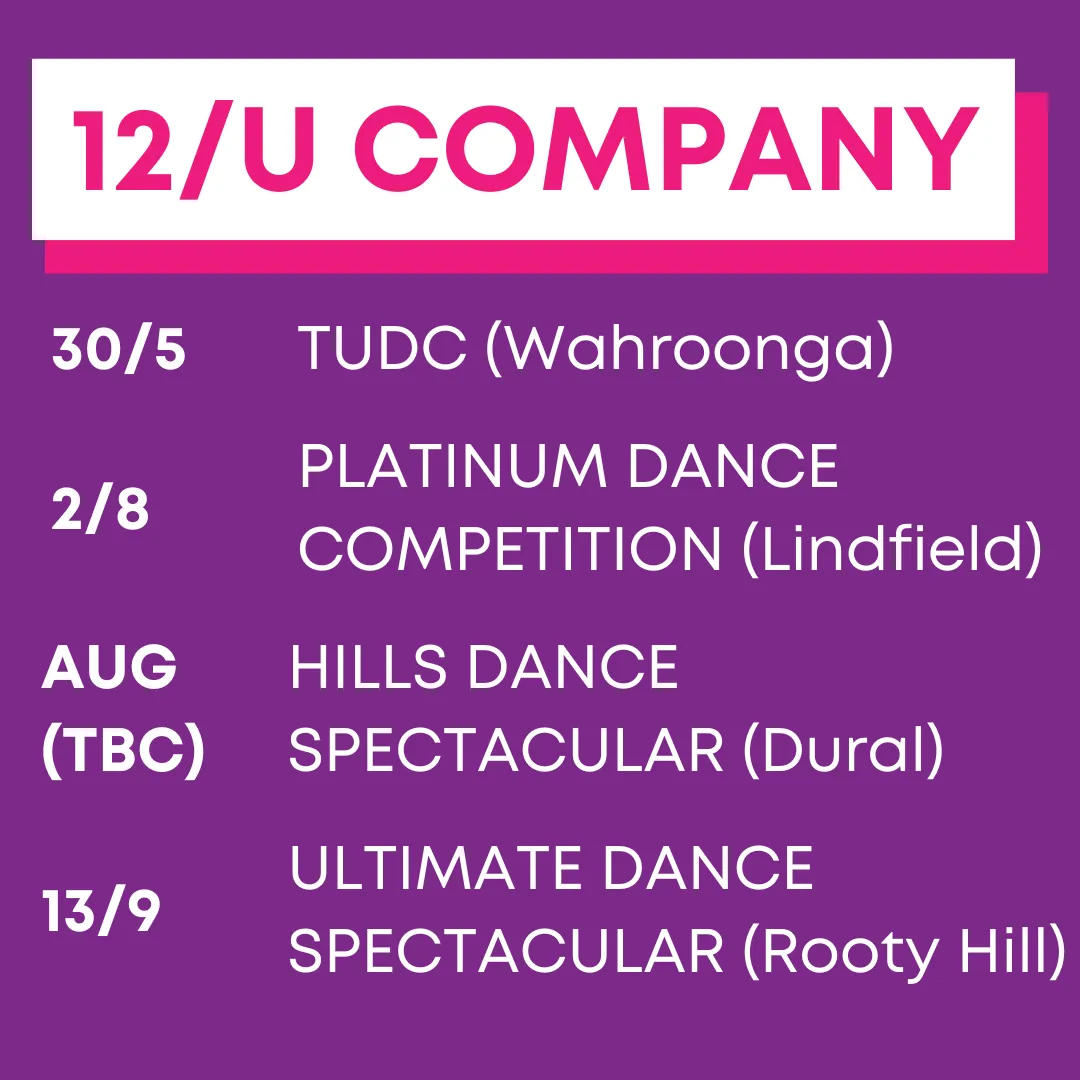 12/U Company eisteddfod dates infographic for Footloose Performance Studios Hornsby, detailing performance schedule for competitive kids dance classes.