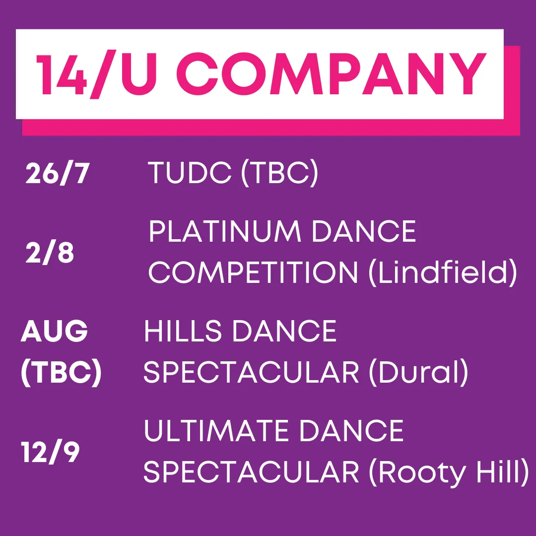 14/U Company eisteddfod dates infographic for Footloose Performance Studios Hornsby, highlighting competition dates for senior school-aged dance students.