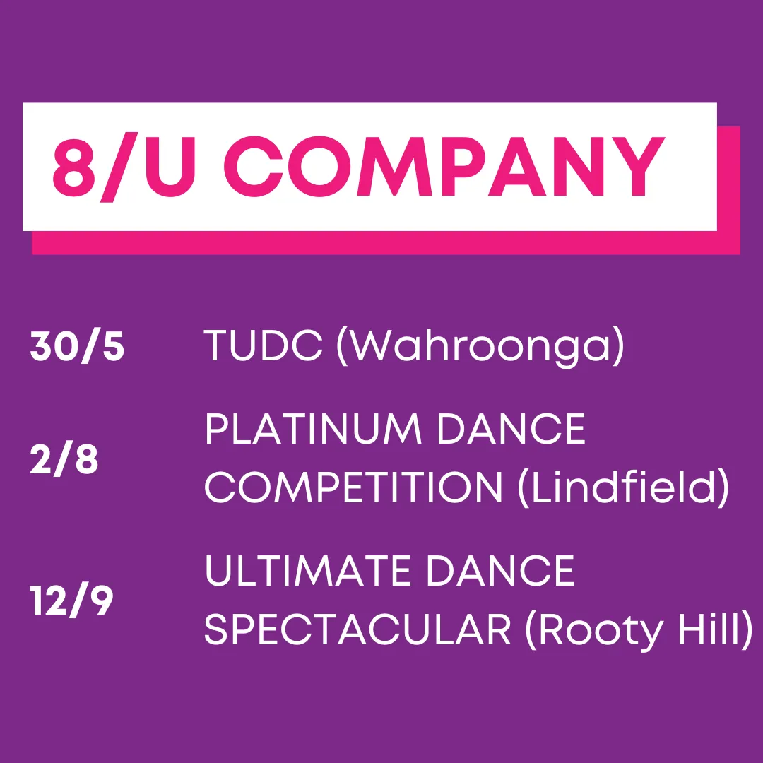 8/U Company eisteddfod dates infographic for Footloose Performance Studios Hornsby, detailing competition schedule for junior kids dance classes.