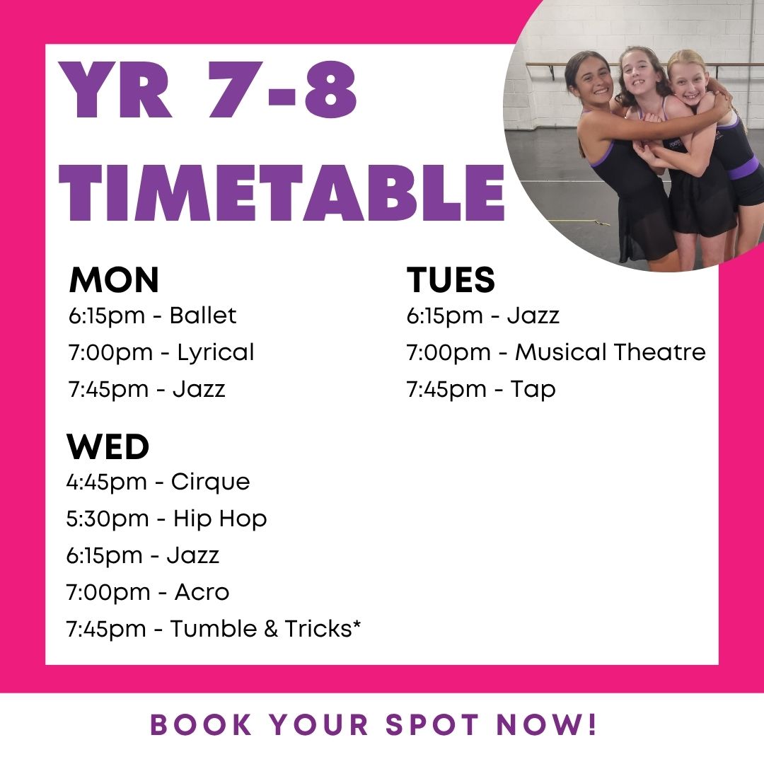 Year 7 and 8 Open Week timetable featuring free teen dance classes at Footloose Performance Studios Hornsby.