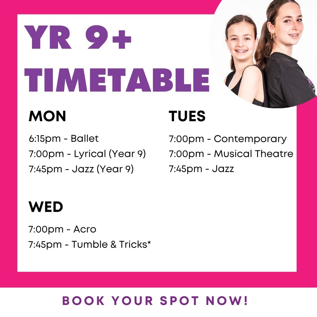 Year 9 to 12 Open Week timetable highlighting free dance classes for teens at Footloose Performance Studios Hornsby.