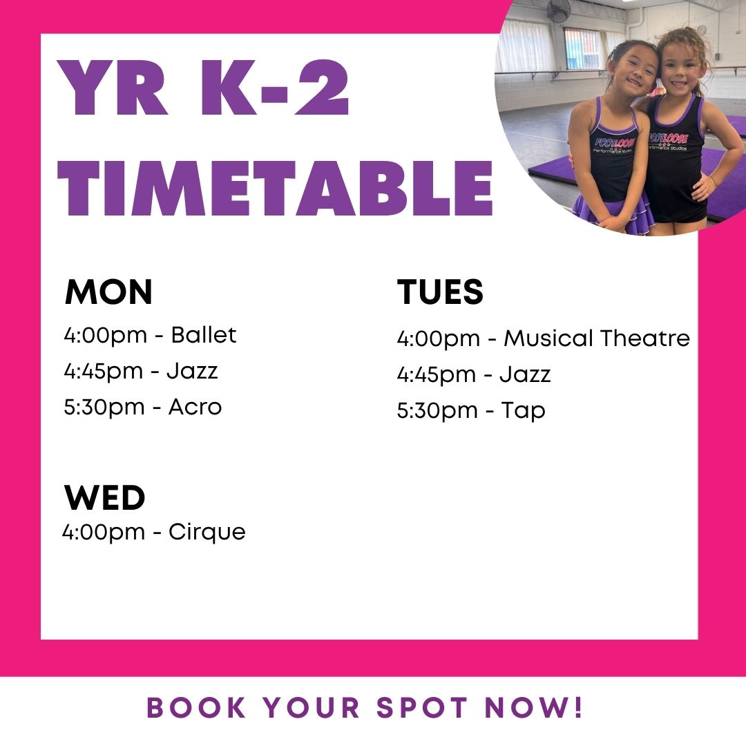 Kindy to Year 2 Open Week timetable featuring free kids dance classes at Footloose Performance Studios Hornsby.