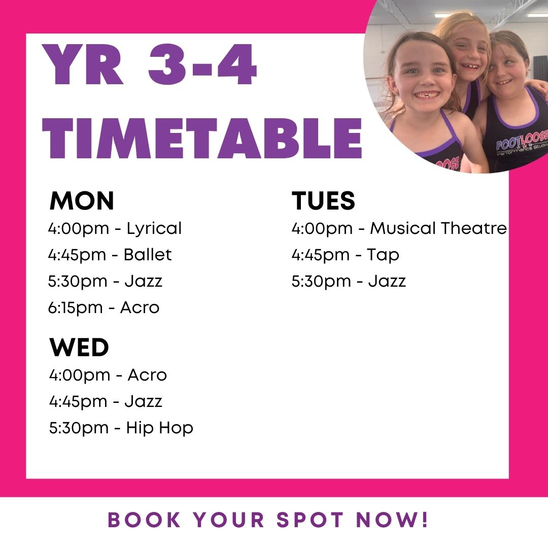 Year 3 and 4 Open Week timetable outlining free dance classes for school-aged children at Footloose Performance Studios Hornsby.