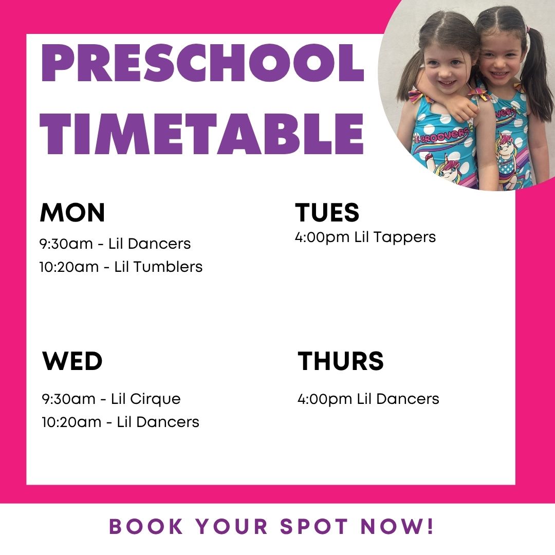 Preschool Open Week timetable showing free preschool dance classes at Footloose Performance Studios Hornsby for ages 2-5