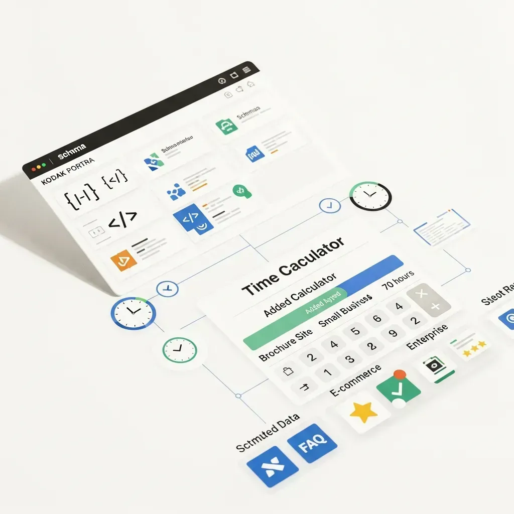Schema markup time calculator interface showing hours estimates for brochure site, small business, e-commerce, and enterprise site types — Oculus Intel