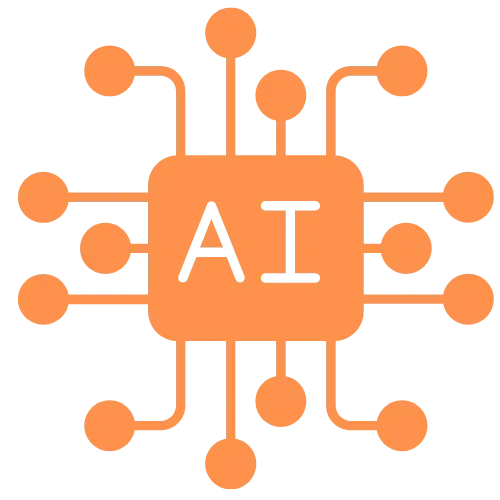 Orange AI microchip with circuit-board nodes representing artificial intelligence — Oculus Intel guide to AI-driven customer engagement and operations