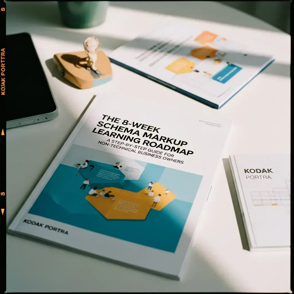 8-Week Schema Markup Learning Roadmap guidebook for non-technical business owners displayed on desk — Oculus Intel schema markup education series