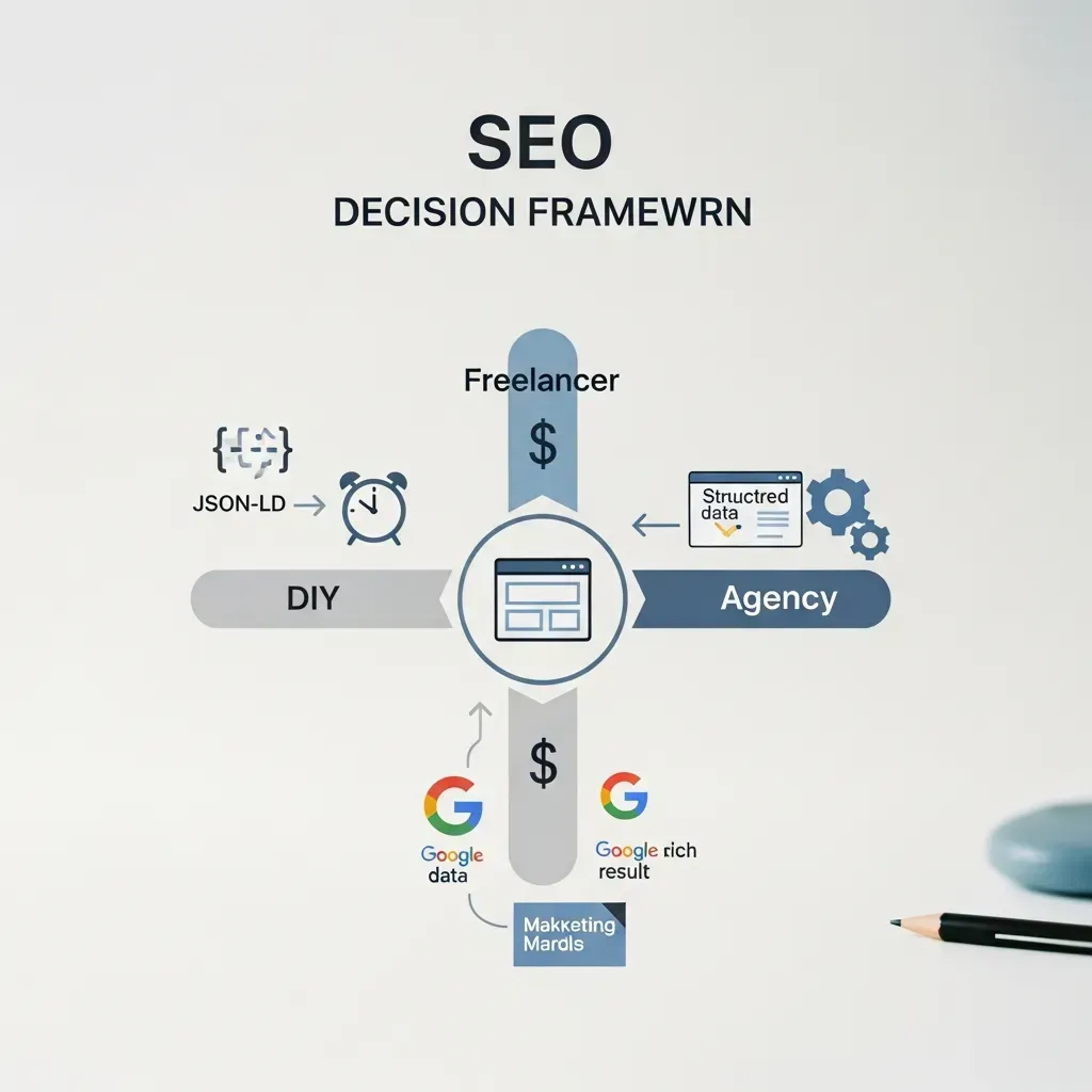 SEO decision framework diagram comparing DIY JSON-LD, freelancer, and agency approaches to schema markup with Google rich result icons — Oculus Intel