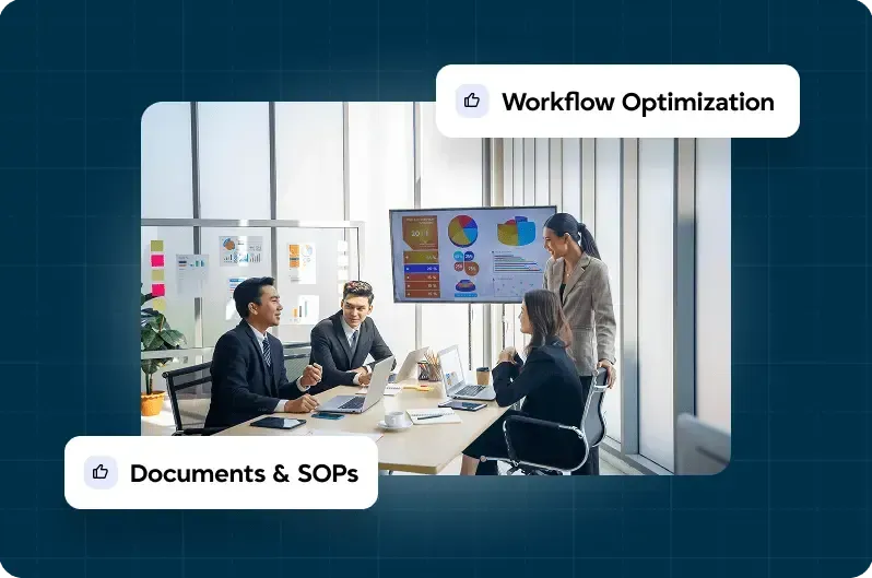 Business team workflow optimization meeting with SOPs and documents for operational development