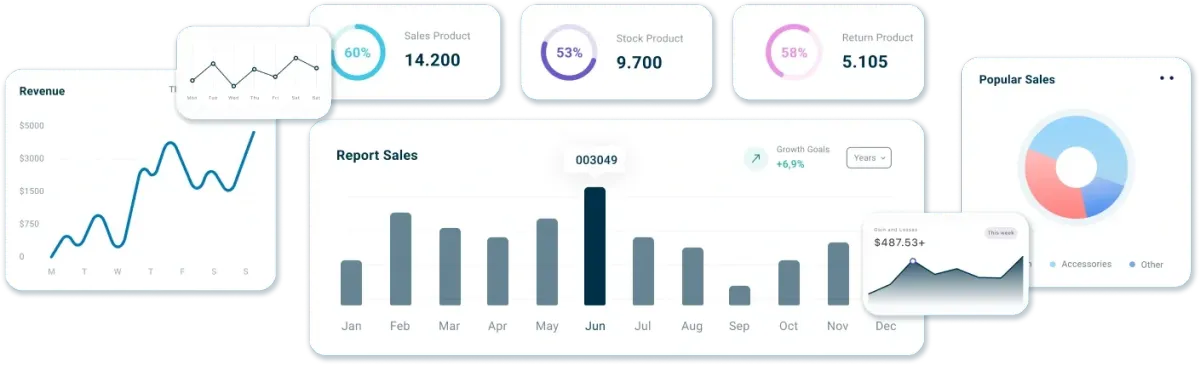 Digital marketing analytics dashboard showing sales revenue growth metrics for small businesses