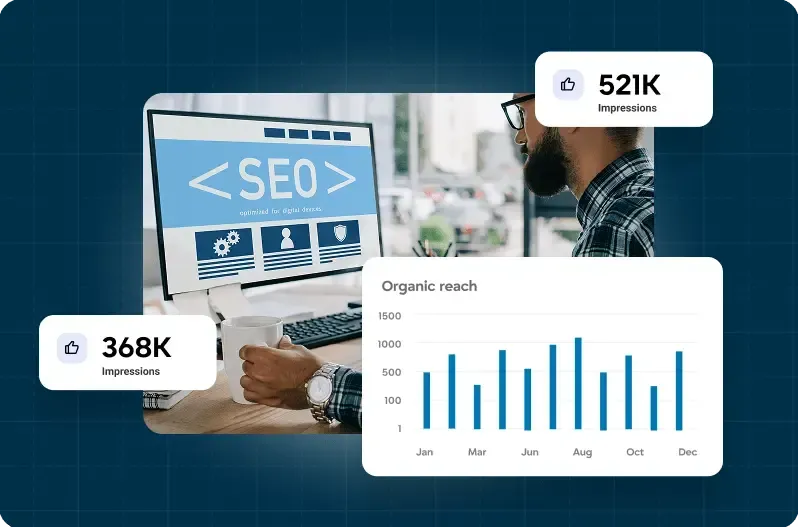 Search engine optimization analytics mockup with organic traffic growth stats for contractors