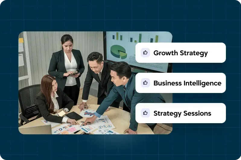 Strategic planning team session with growth strategy business intelligence and strategy sessions