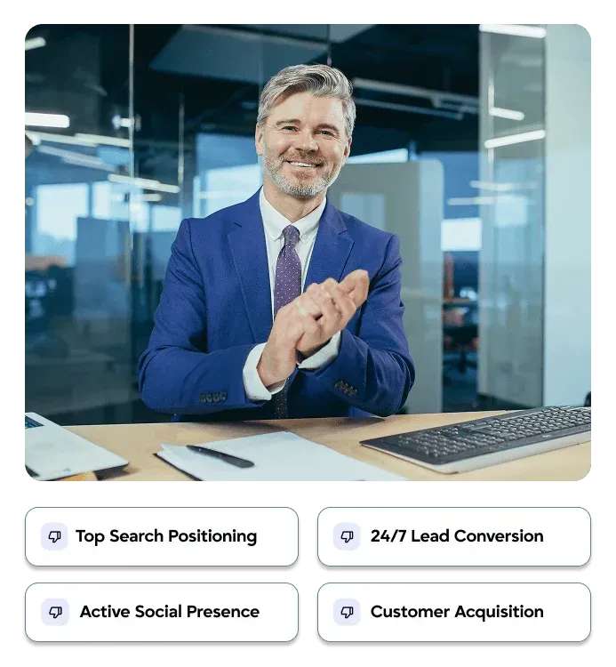 Confident contractor business owner dominating local search rankings with top Google positioning