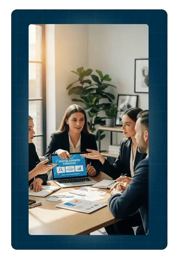 Marketing team reviewing SEO keyword research and local search rankings for contractor website