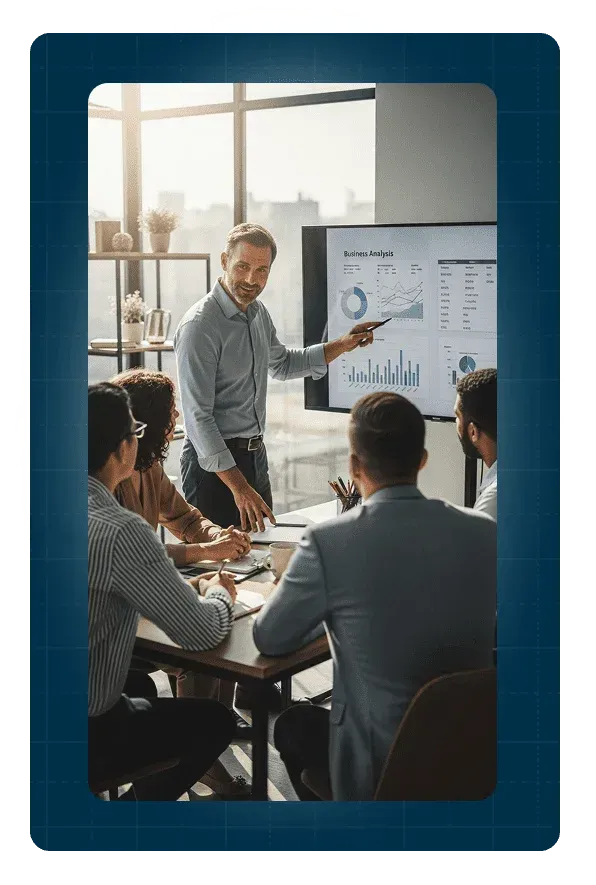 Business coach presenting revenue growth analysis and profit margin strategy to contractor team