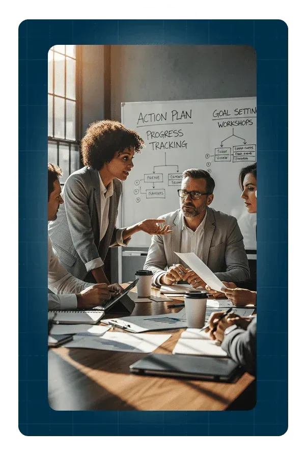 Business strategic planning session with action plan goal setting and progress tracking whiteboard