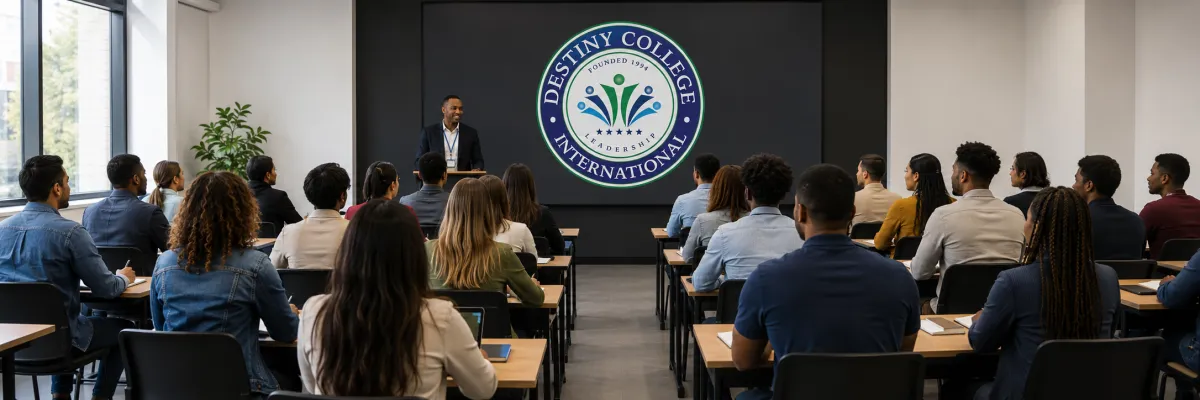Photograph of a modern classroom seen from behind the students. A group of adults sits facing a large screen displaying the Destiny College circular seal.