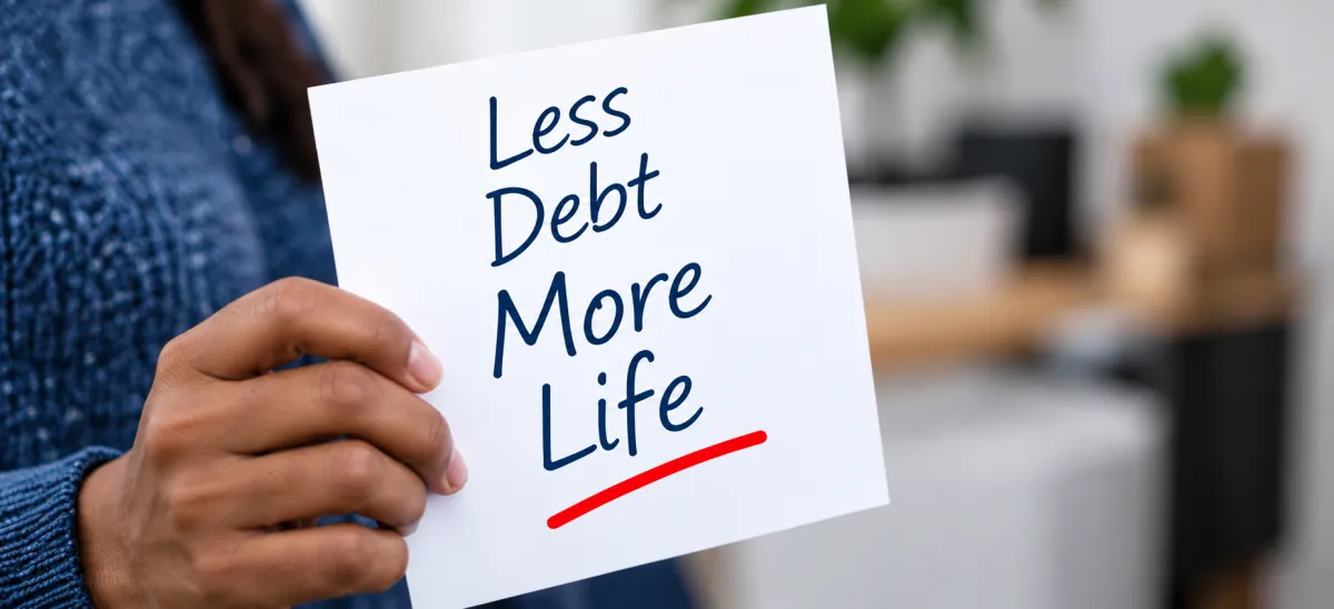 Close up of hands holding a handwritten note that says 'Less Debt More Life'.