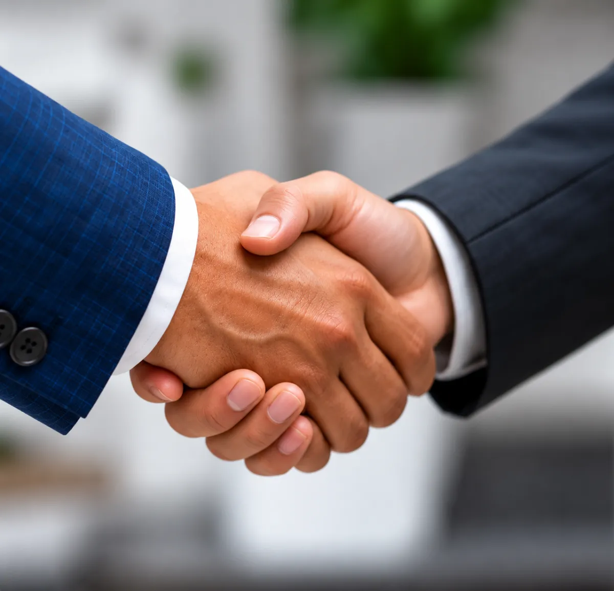 Close-up of two people shaking hands in a business setting.