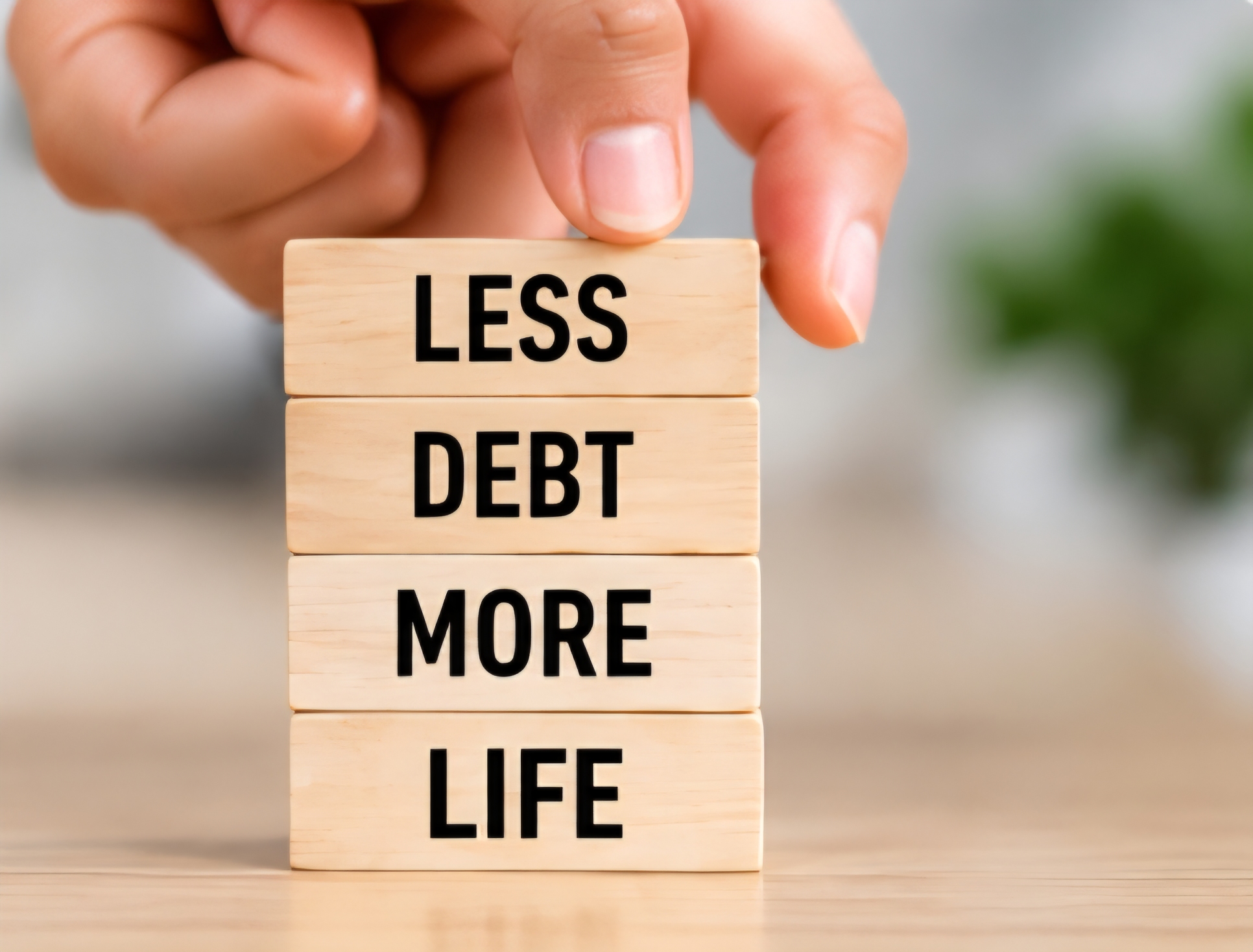A hand placing wooden blocks spelling 'LESS DEBT MORE LIFE' on top of each other.