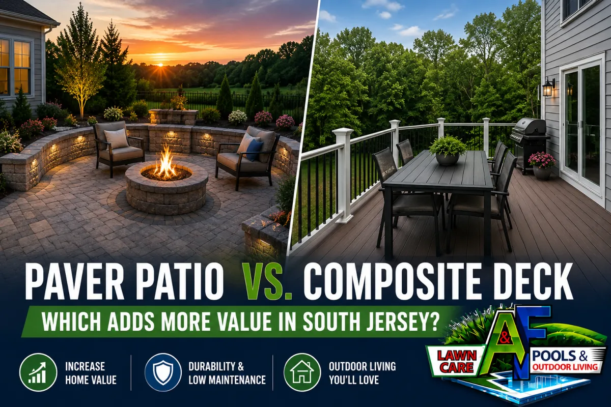 Side-by-side comparison of a luxury paver patio and a composite deck in a South Jersey backyard. The left side features a professionally installed paver patio with a fire pit, seating wall, landscape lighting, and outdoor furniture at sunset. The right side showcases a modern composite deck with dining furniture, railings, and wooded views. Large headline text reads "Paver Patio vs. Composite Deck: Which Adds More Value in South Jersey?" with icons highlighting increased home value, durability, low maintenance, and outdoor living benefits. A&F Pools & Outdoor Living branding appears in the lower right corner.