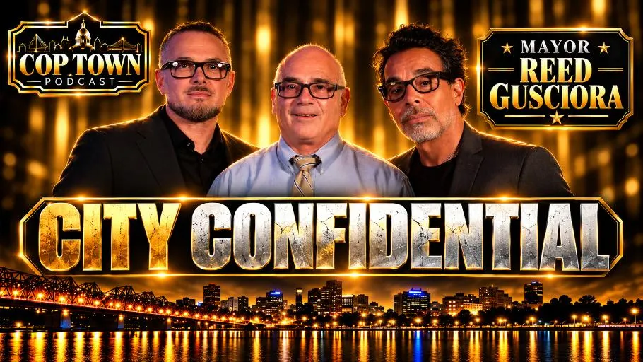 Cop Town Podcast City Confidential episode thumbnail featuring Mayor Reed Gusciora and the podcast hosts