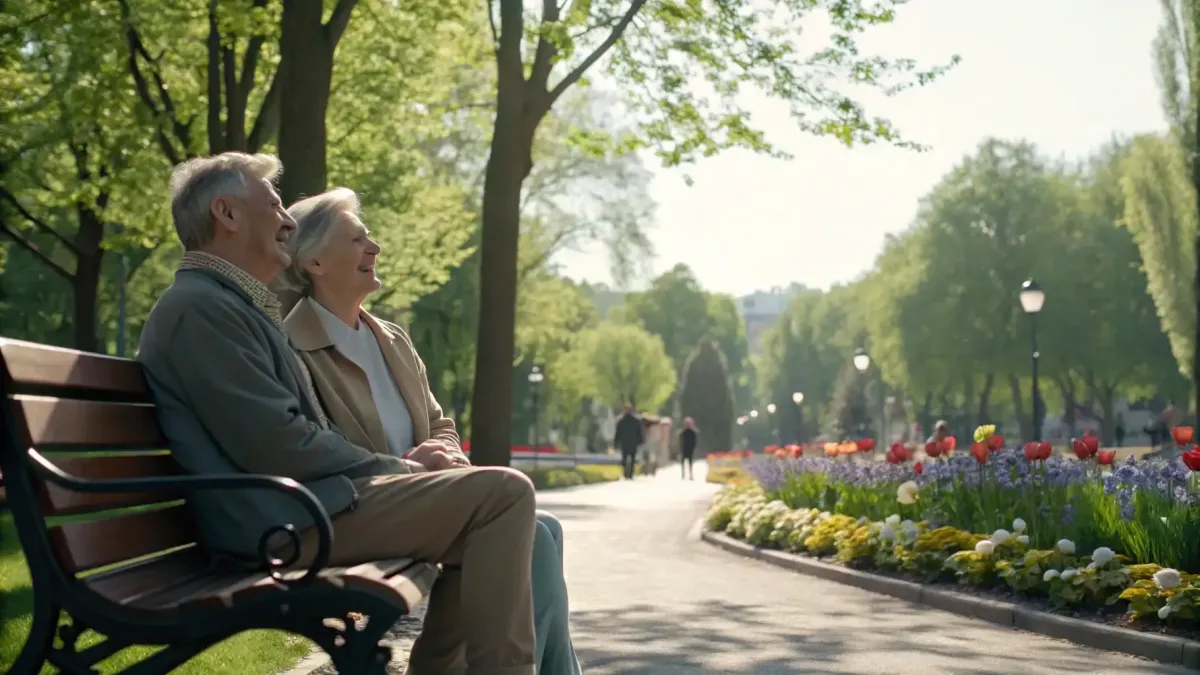senior couple stting on park bench