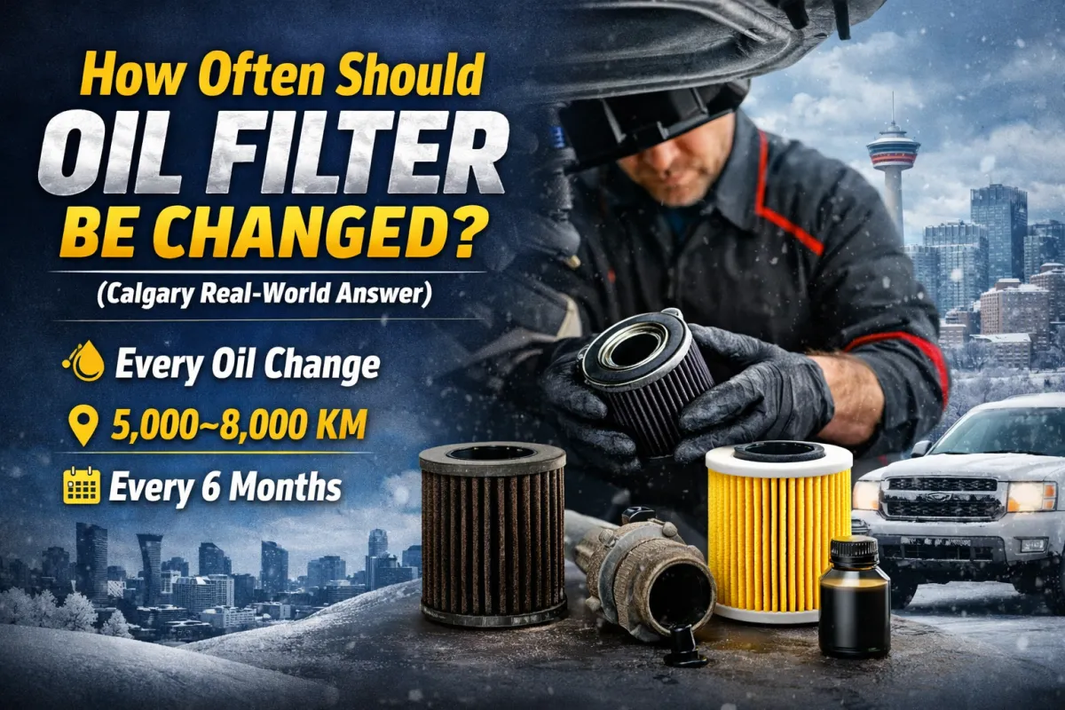 Cosmos Customs mechanic changing an oil filter with text “Calgary NE Oil Change You Can Trust” and service highlights in a snowy Calgary background.