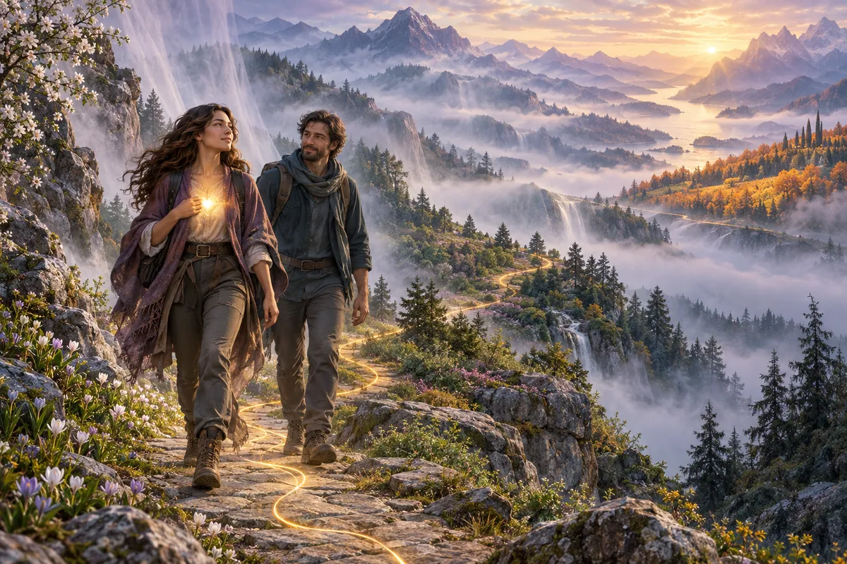 confident and happy woman walking on a mountain path with a man at her side