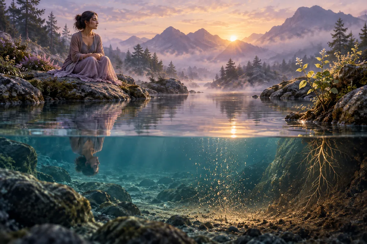 woman calmly sitting next to mountain lake where we can see both above and below waterf
