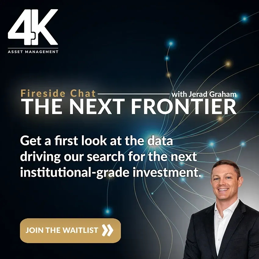 Promotional graphic for The Next Frontier, a fireside chat with Jerad Graham. Text reads: Get a first look at the data driving our search for the next institutional-grade investment. Join the Waitlist.