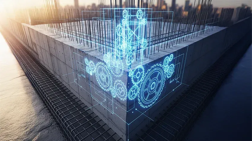 An immense concrete foundation overlaid with a glowing blue schematic of interlocking gears, representing a risk mitigation system built on strength and a precise, intelligent process.