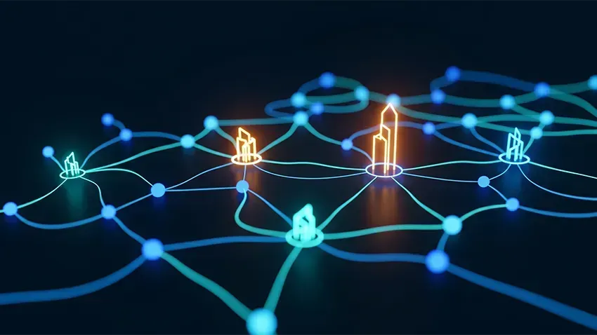 Abstract visualization of an investor network, showing glowing nodes connected to central building icons that represent real estate opportunities.