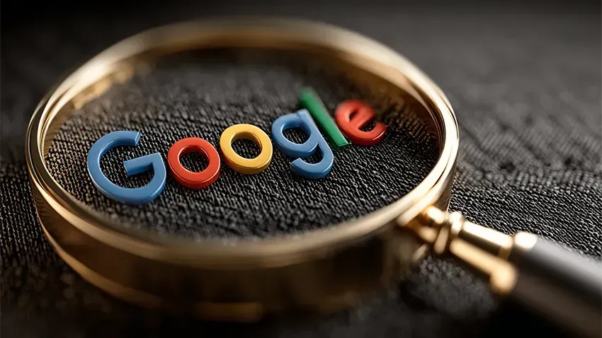 A close-up of a magnifying glass magnifying the Google logo, symbolizing a focus on search engine optimization.