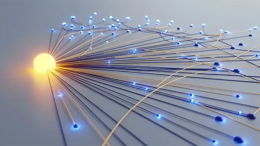 Abstract visualization of a hub and spoke model, representing a central brand story being distributed to a wide investor audience through content marketing.