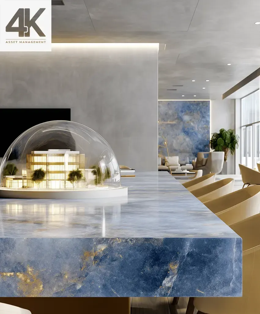 A luxurious boardroom with blue and gold marble accents. On the conference table sits a 3D architectural model in a glass dome, symbolizing risk mitigation