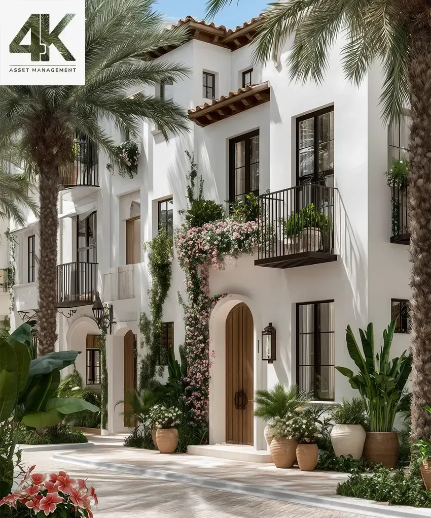 A stunning, sun-drenched photographic medium shot of a row of upscale Mediterranean revival townhomes on a quiet, brick-paved street, reminiscent of Delray Beach