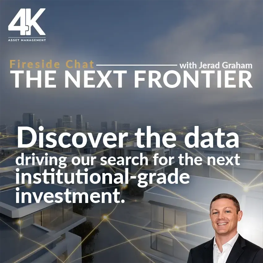Promotional graphic for The Next Frontier, a fireside chat with Jerad Graham. Text reads: Get a first look at the data driving our search for the next institutional-grade investment. Join the Waitlist.