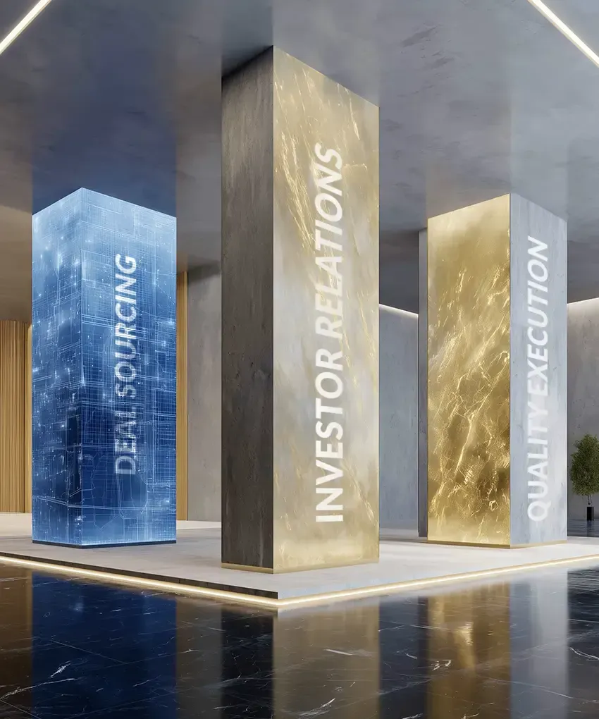 Abstract visualization of an investor network, showing glowing nodes connected to central building icons that represent real estate opportunities.