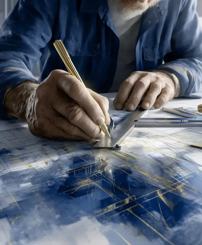 A craftsman's steady hands rest on a complex architectural blueprint of gold and blue, representing quality execution.