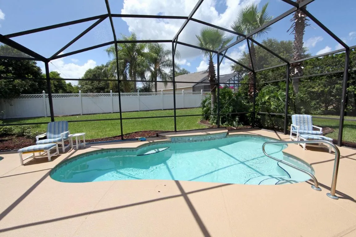 pool screen cage above small backyard pool