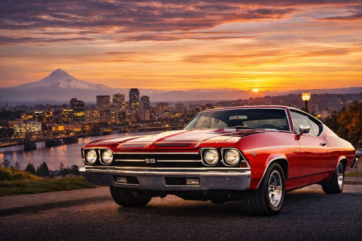 Classic car in Vancouver Washington with sunset skyline background