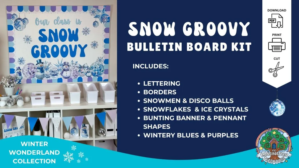 Snow Groovy snowman and disco ball themed winter bulletin board kit