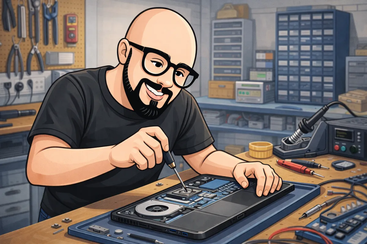 computer technician fixing a laptop