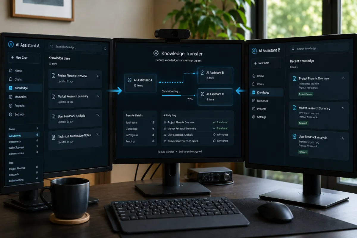 Home office desk with three monitors, keyboard, and a mouse.