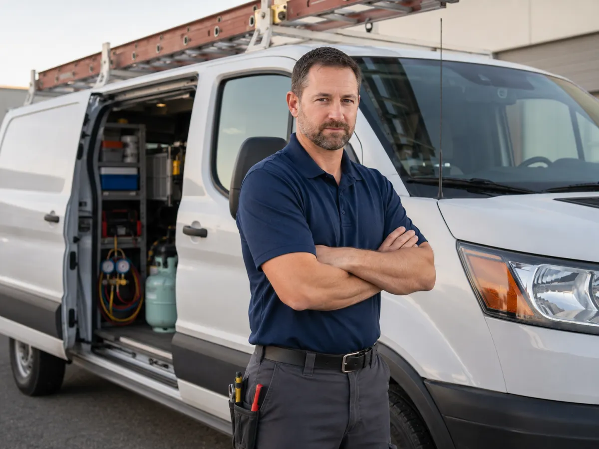 Man standing in front of a HVAC service van.