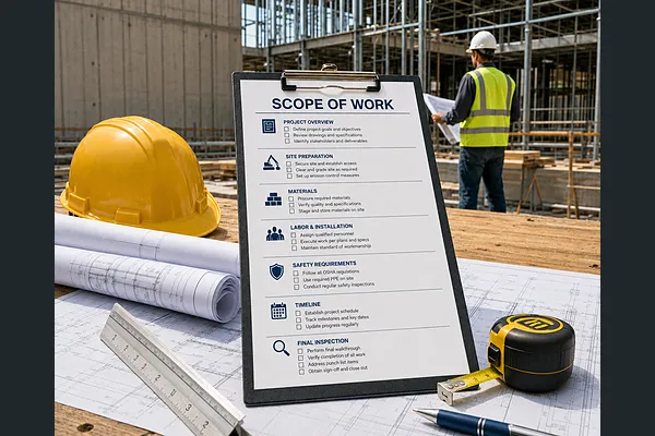 Clipboard with Scope of Work checklist in the foreground and construction site in the background.